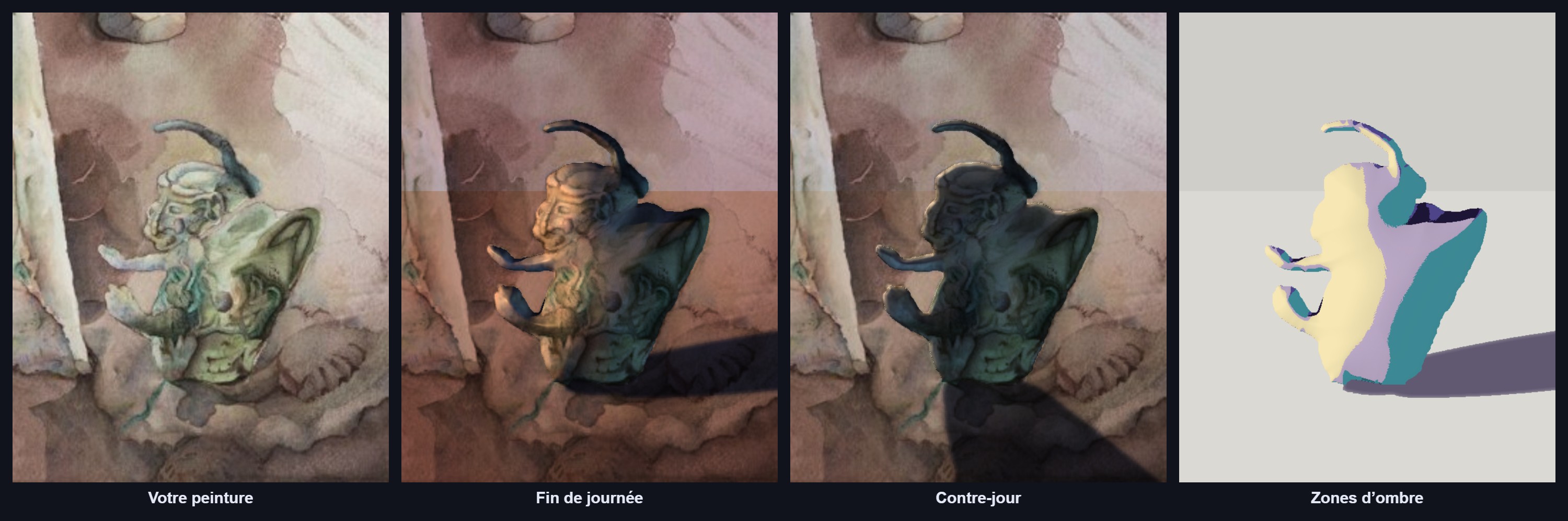 Une créature au milieu d'une aquarelle, éclairée en fin de journée puis en contre-jour, avec son ombre portée, puis en zones d'ombre