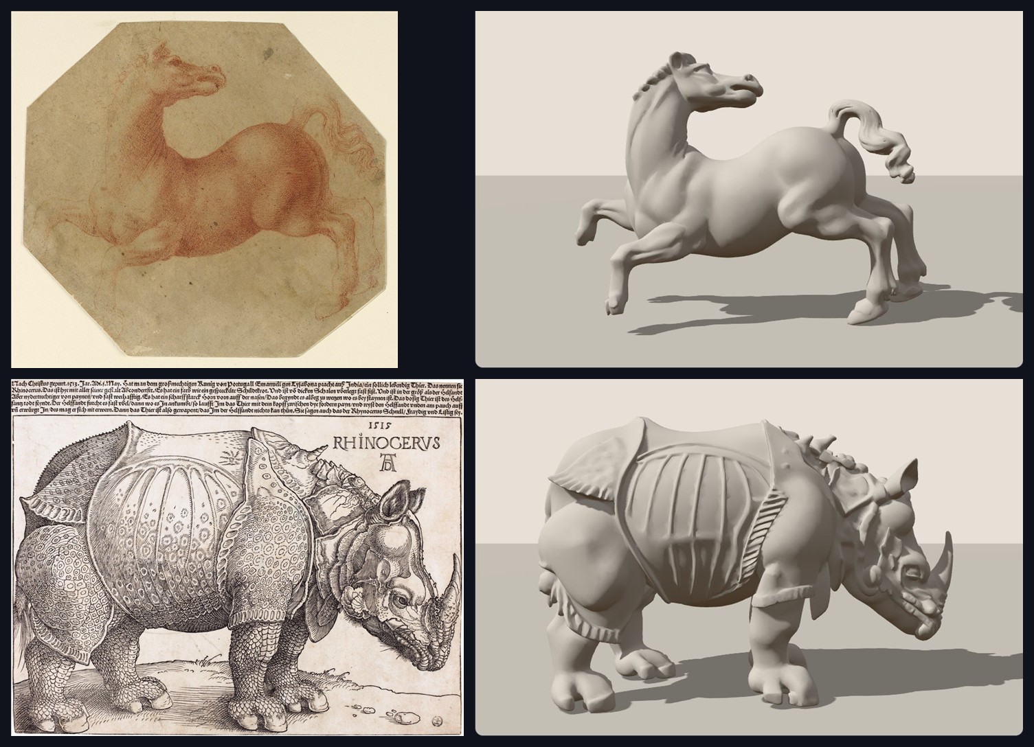 Un cheval à la sanguine et le rhinocéros de Dürer, chacun à côté de sa sculpture 3D créée par l'application, éclairée avec son ombre portée